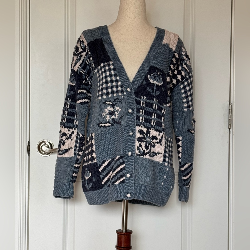 Chic Patchwork Cardigan in Blue and Pink